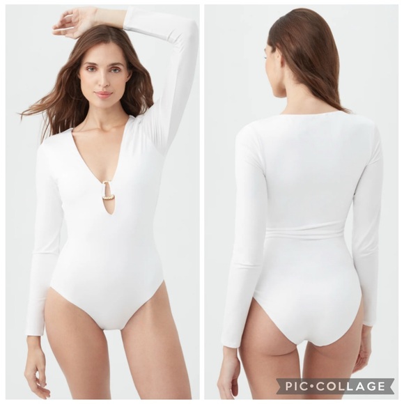 Trina Turk Monaco Ring Front Long Sleeve Paddle Suit White M - Picture 1 of 6